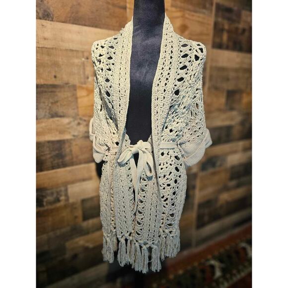 Vintage Crochet Tie Cardigan w/ Fringe Size SM-LRG - Picture 1 of 2